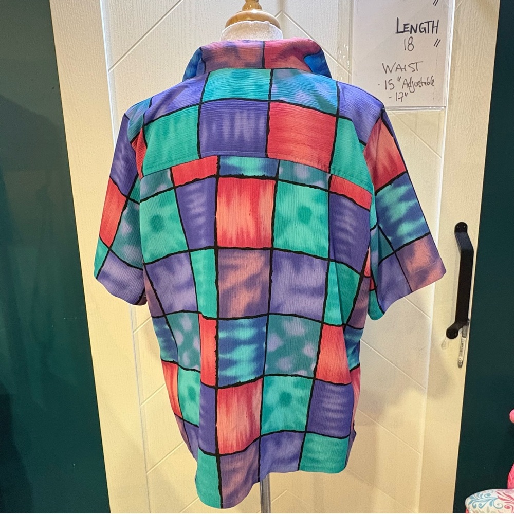 Vintage 90s Colorblock Geometric Abstract Button Down Short Sleeve Blouse Top‎ L - Picture 7 of 8